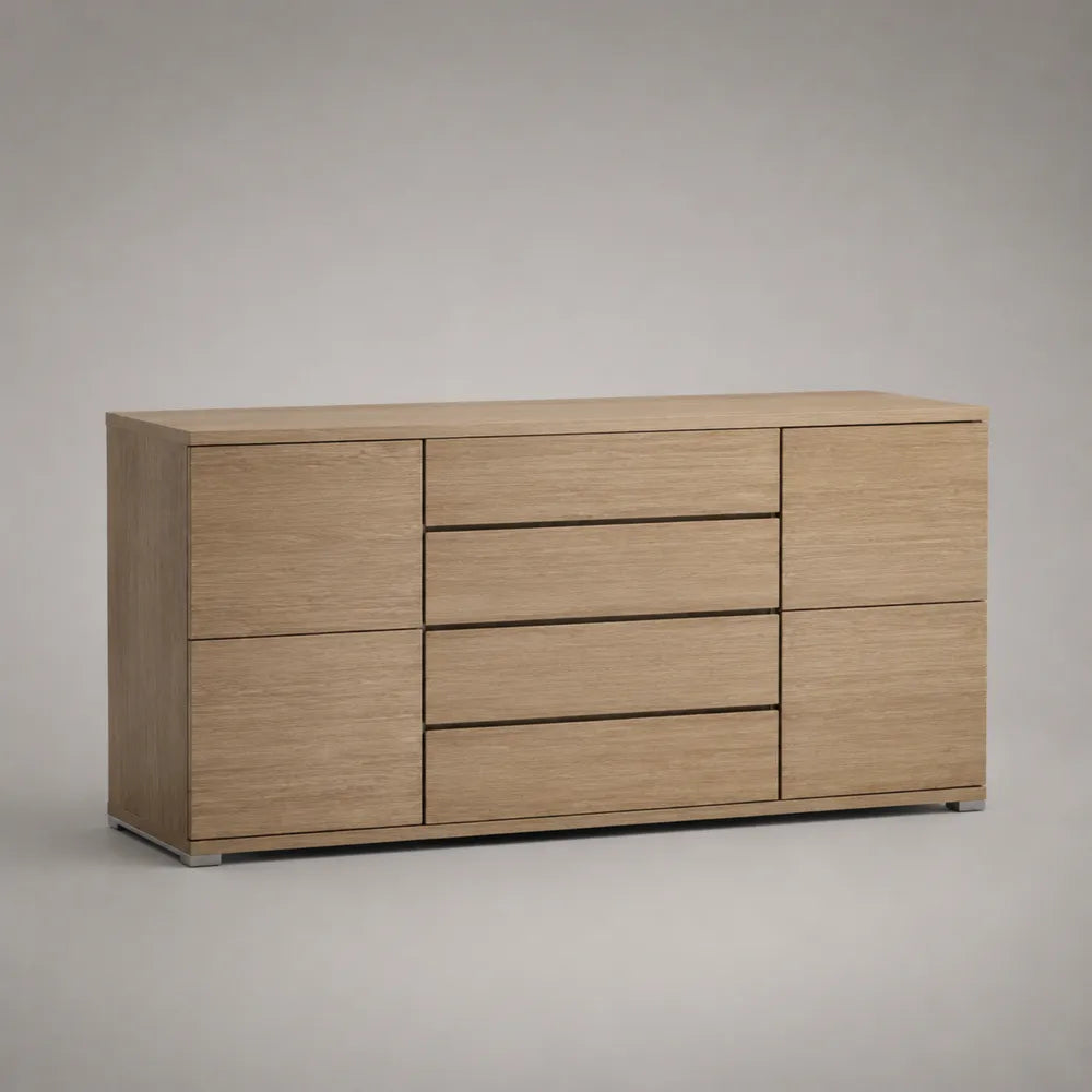 Buffet de salle à manger 2 portes 3 tiroirs MDF placage chêne naturel pieds en aluminium finition argentée 160 x 40 x 75 cm