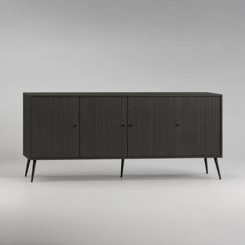 Buffet de salle à manger bas 4 portes MDF façade striée vertical gris foncé pieds métal noir 180 x 40 x 75 cm