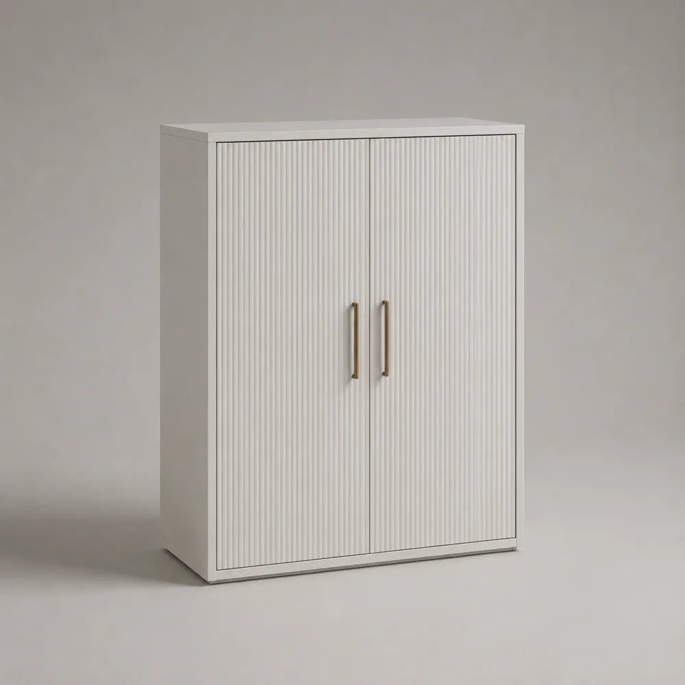 Buffet de salle à manger 2 portes 80x35x120 cm MDF blanc cassé façade striée verticale poignées métal doré structure rectangulaire