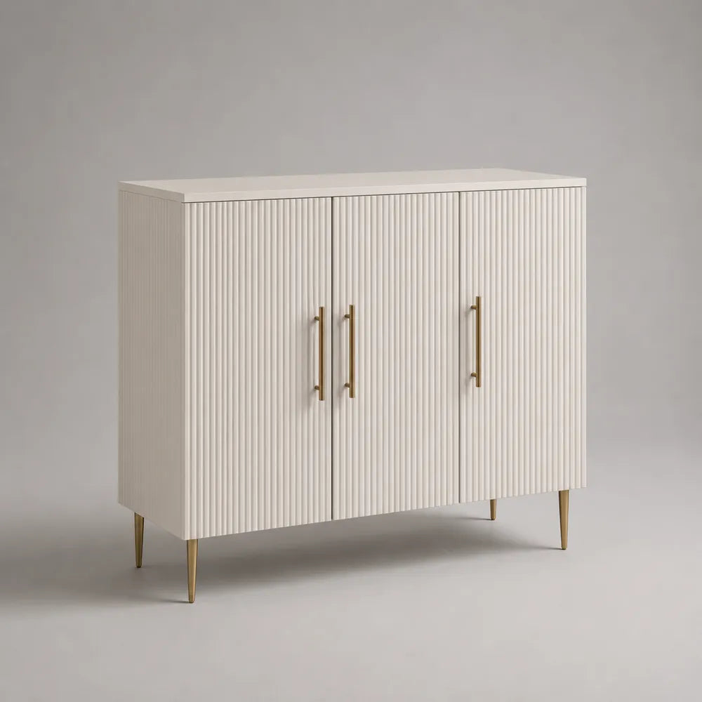 Buffet de salle à manger 3 portes MDF cannelé blanc cassé pieds métal doré 120 x 40 x 85 cm