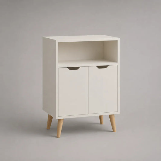 Buffet de salle à manger MDF blanc niche ouverte portes battantes pieds bois naturel 60 cm 35 cm 80 cm