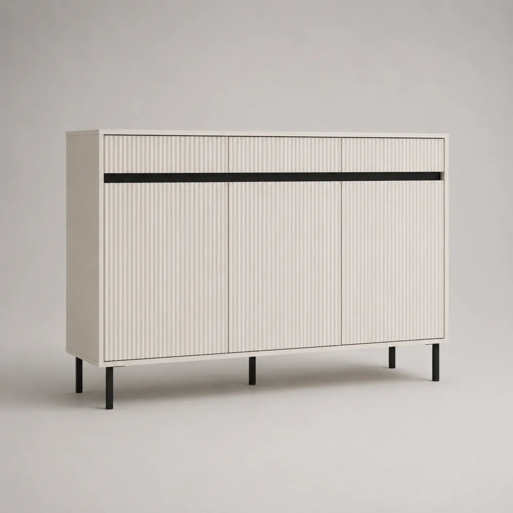 Buffet de salle à manger 3 portes MDF blanc cassé cannelé piètement en acier noir 120 cm x 40 cm x 80 cm