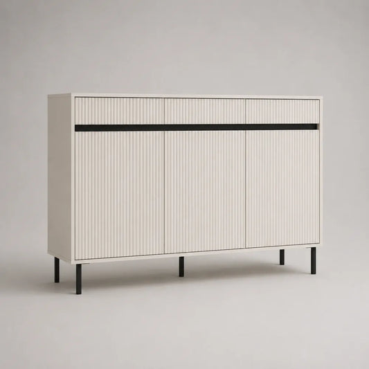 Buffet de salle à manger 3 portes MDF blanc cassé cannelé piètement en acier noir 120 cm x 40 cm x 80 cm