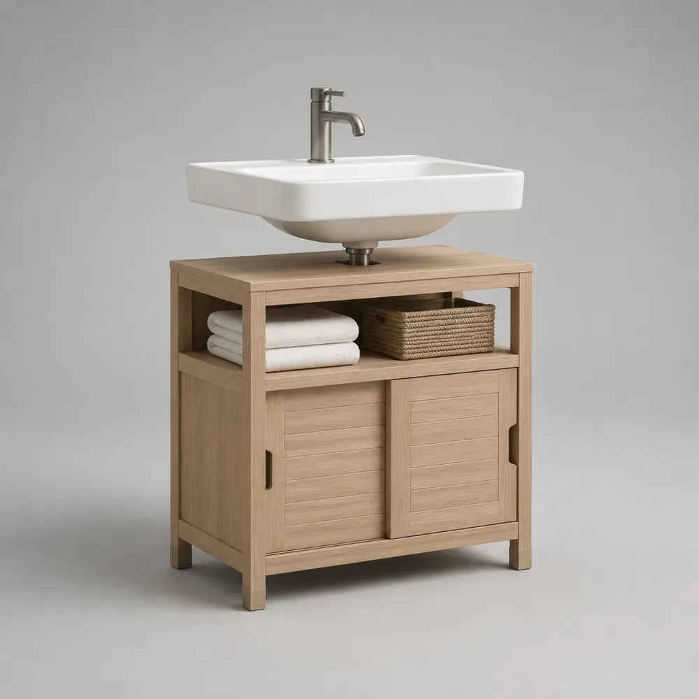Meuble sous vasque avec étagère ouverte et portes coulissantes bois naturel vasque céramique blanche 70 cm x 45 cm x 85 cm