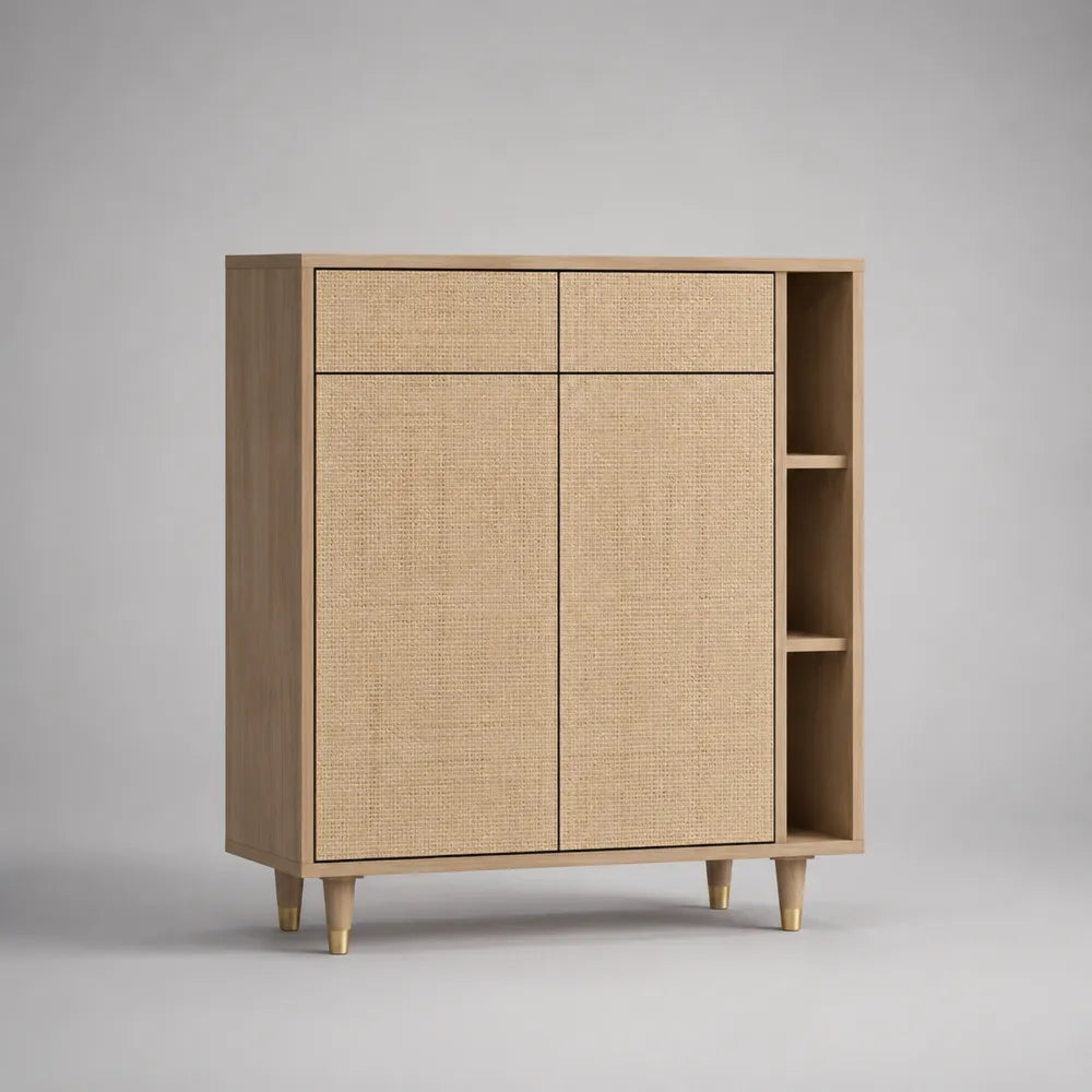 Credenza alta 2 ante 2 cassetti MDF impiallacciatura legno naturale frontali in cannage di rattan nicchia laterale 100 cm L x 40 cm P x 105 cm H