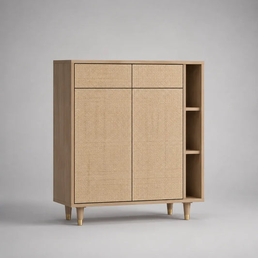 Credenza alta 2 ante 2 cassetti MDF impiallacciatura legno naturale frontali in cannage di rattan nicchia laterale 100 cm L x 40 cm P x 105 cm H