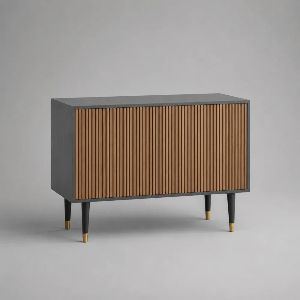 Buffet de salle à manger 2 portes MDF gris foncé façades à lattes bois pieds en acier noir et doré 120 cm x 40 cm x 80 cm