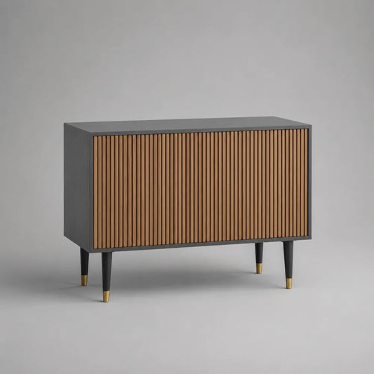 Buffet de salle à manger 2 portes MDF gris foncé façades à lattes bois pieds en acier noir et doré 120 cm x 40 cm x 80 cm