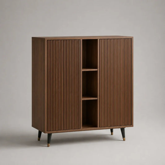 Buffet de salle à manger en noyer 2 portes 3 niches 100 cm L x 40 cm P x 105 cm H façades cannelées pieds en acier noir laiton brossé