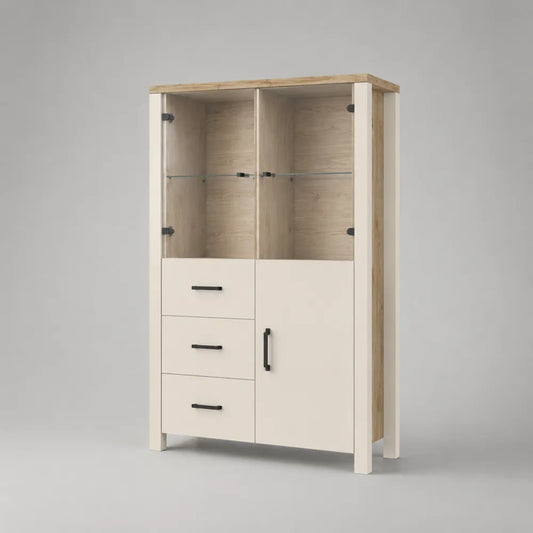Buffet vitrine haute 2 portes vitrées 3 tiroirs 1 porte MDF mélaminé chêne clair structure rectangulaire 90 cm L x 40 cm P x 160 cm H beige clair noir