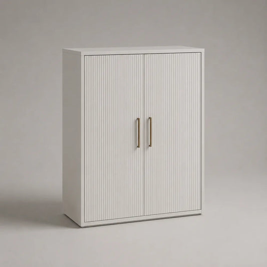 Buffet de salle à manger 2 portes 80x35x120 cm MDF blanc cassé façade striée verticale poignées métal doré structure rectangulaire
