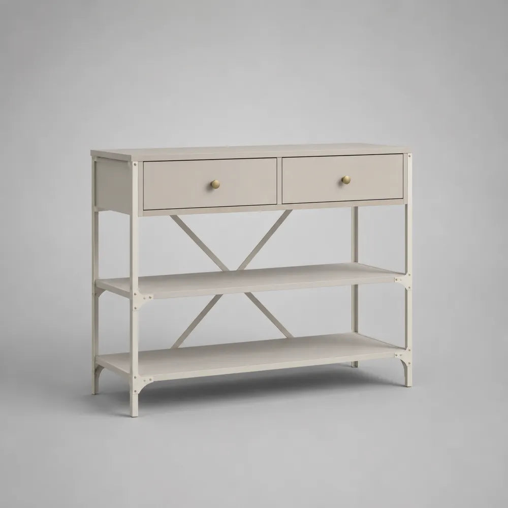 Console 100 x 35 x 80 cm MDF bois clair structure métal beige 2 tiroirs étagères ouvertes rectangulaire