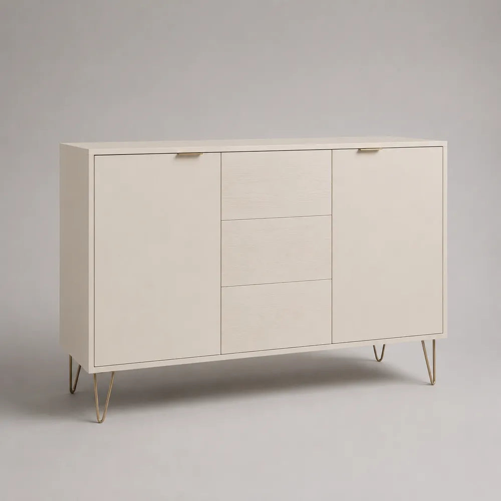 Buffet de salle à manger MDF blanc cassé 2 portes 3 tiroirs pieds métal doré structure rectangulaire 160 cm 40 cm 80 cm