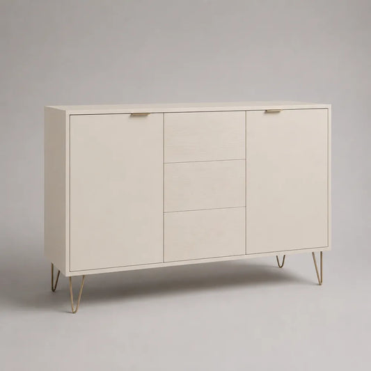 Buffet de salle à manger MDF blanc cassé 2 portes 3 tiroirs pieds métal doré structure rectangulaire 160 cm 40 cm 80 cm
