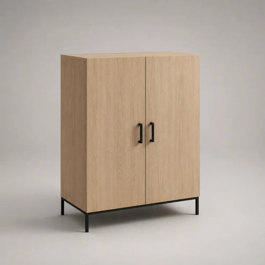 Buffet de rangement 2 portes MDF placage chêne pieds en acier noir rectangulaire bois naturel 80 cm 40 cm 110 cm