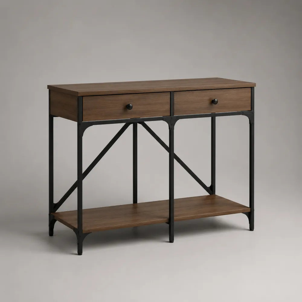 Console d'entrée 120 x 35 x 80 cm bois noyer brun et métal noir 2 tiroirs étagère basse structure rectangulaire avec croisillons