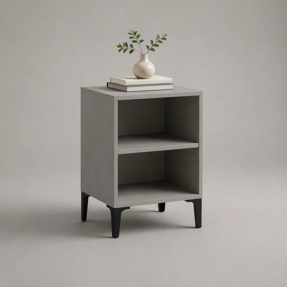 Table de chevet 40 x 35 x 60 cm à deux niveaux en MDF gris avec pieds en acier noir