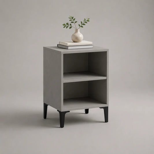 Table de chevet 40 x 35 x 60 cm à deux niveaux en MDF gris avec pieds en acier noir
