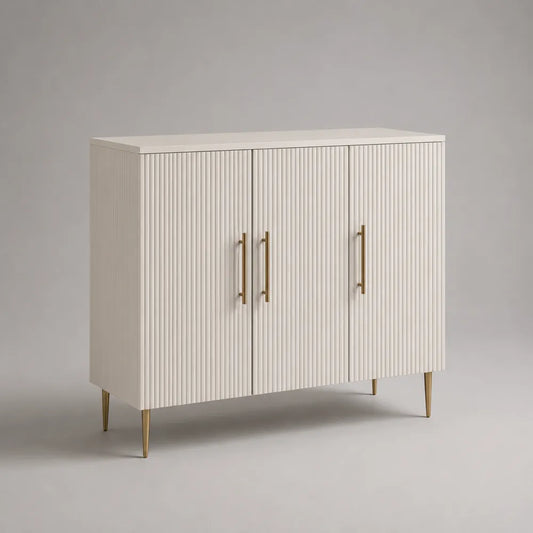Buffet de salle à manger 3 portes MDF cannelé blanc cassé pieds métal doré 120 x 40 x 85 cm