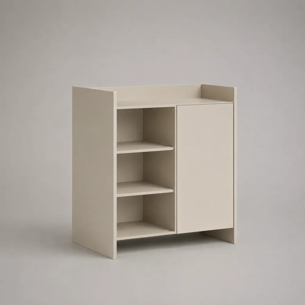 Buffet 1 porte 3 niches MDF mélaminé beige clair structure rectangulaire 80 cm L x 35 cm P x 90 cm H façade sans poignée