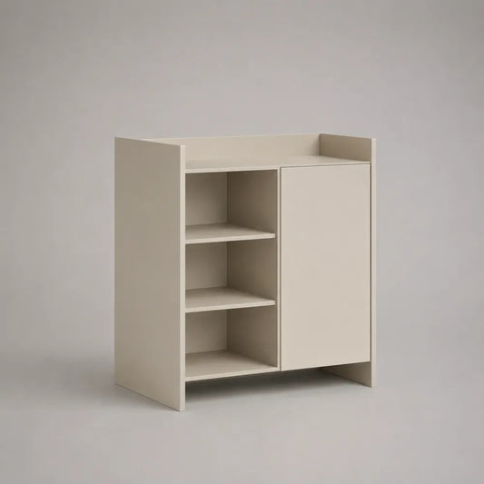 Buffet 1 porte 3 niches MDF mélaminé beige clair structure rectangulaire 80 cm L x 35 cm P x 90 cm H façade sans poignée