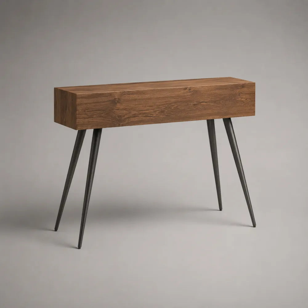 Console d'entrée 120 x 35 x 80 cm bois noyer structure rectangulaire ouverte pieds métal noir sans tiroirs