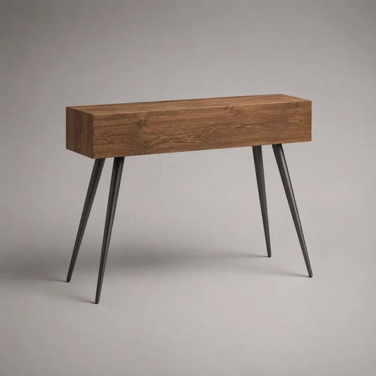Console d'entrée 120 x 35 x 80 cm bois noyer structure rectangulaire ouverte pieds métal noir sans tiroirs
